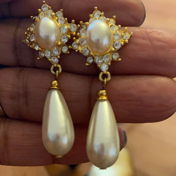 Vintage Jewelry - Faux Pearl with Diamond Earrings